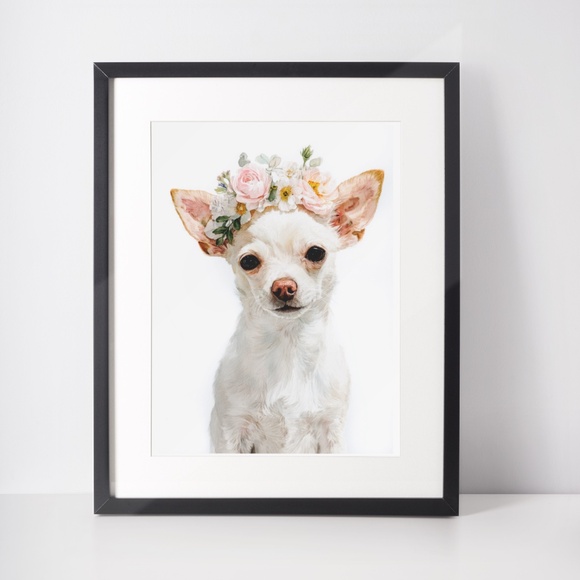 Watercolor White Chihuahua with Flowers Portrait Wall Art Print Poster Unframed - Picture 3 of 6